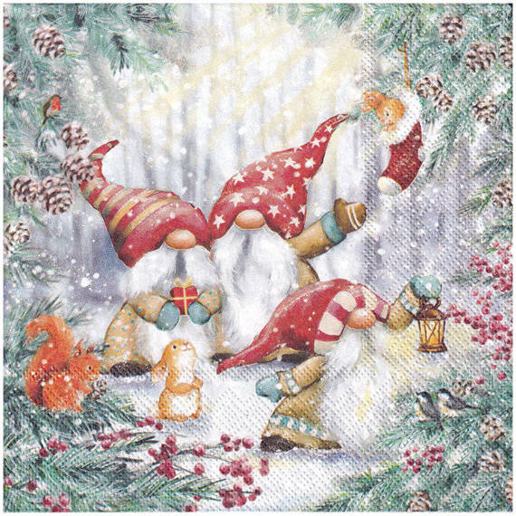 Serwetka 33x33cm - Gnomes Snowy Forest skrzaty krasnale