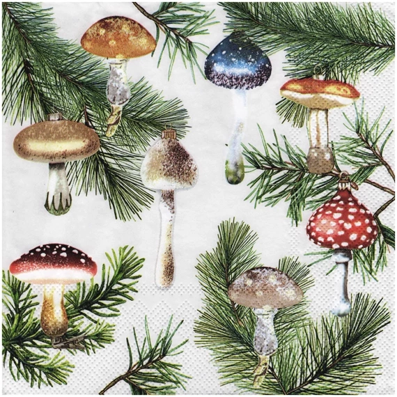 Serwetka 33x33cm - Mushroom ornaments bombki grzybki