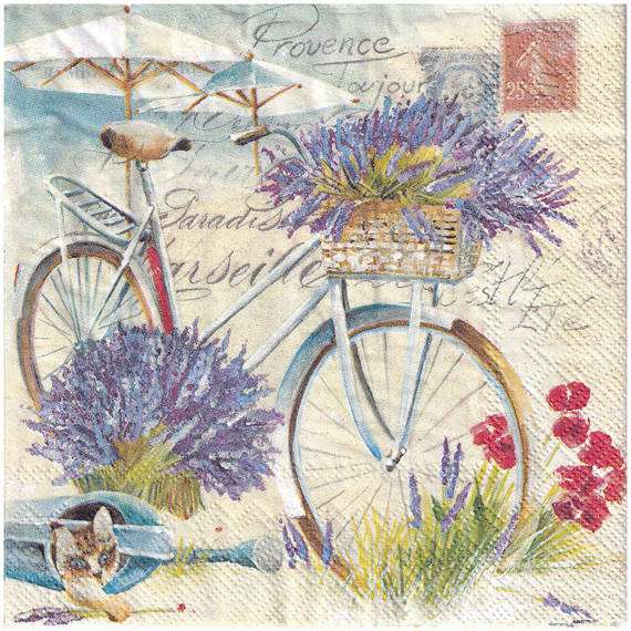 Serwetka 33x33cm - Provence Toujour rower z koszykiem lawenda