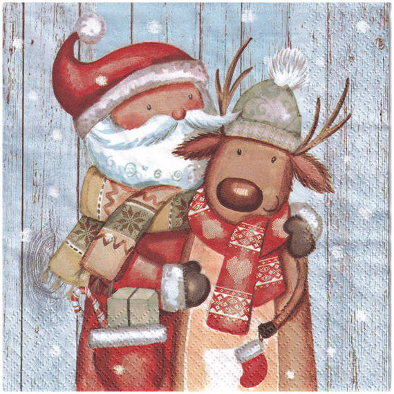 Serwetka 33x33cm - Santa & reindeer Mikołaj i renifer