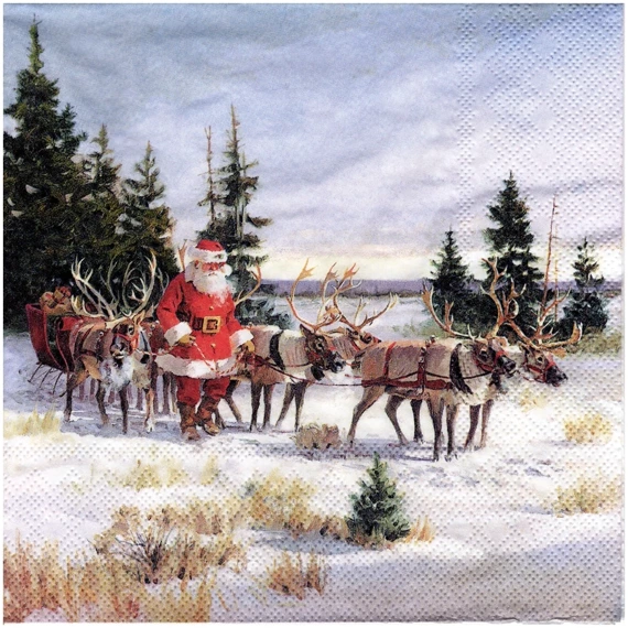 Serwetka 33x33cm - Santa with his reindeers Mikołaj z reniferami