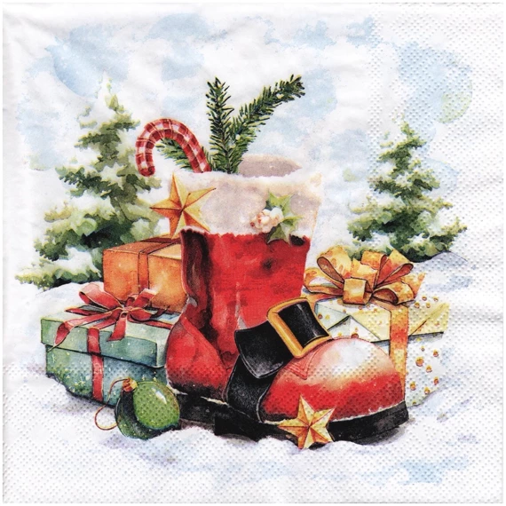 Serwetka 33x33cm - Santa's boot but Mikołaja z prezentami