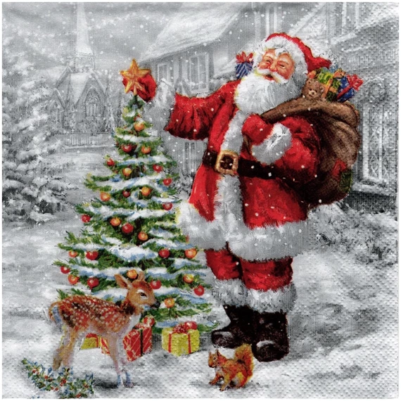 Serwetka 33x33cm - Santas xmas tree Mikołaj z choinką