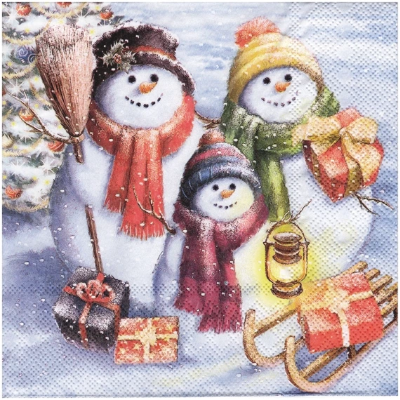 Serwetka 33x33cm - Snowman Family rodzina bałwanków