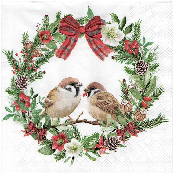 Serwetka 33x33cm - Sparows in Wreath wianek świąteczny z wróbelkami