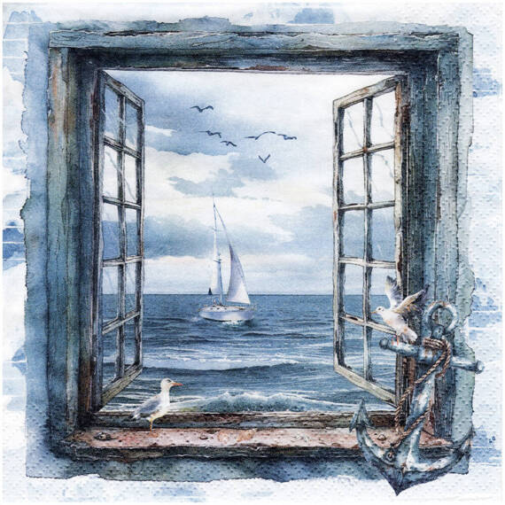 Serwetka do decoupage 33x33cm - Sea View okno kotwica