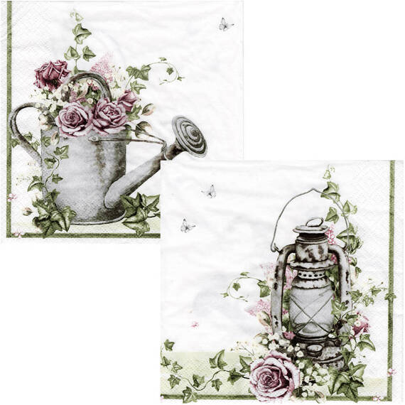 Serwetka do decoupage 33x33cm - Shabby Rose & Lantern kwiaty w konewce latarenka