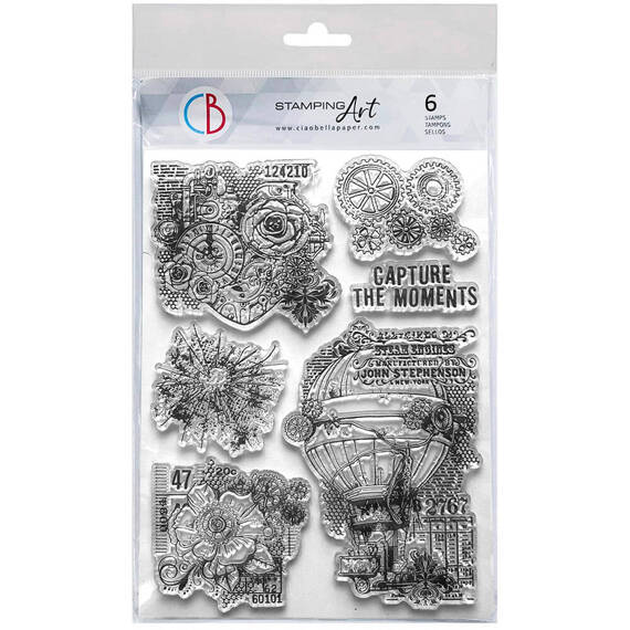 Stempel akrylowy 15x21 - Ciao Bella - Gears of Imagination kwiaty balon zegar trybiki