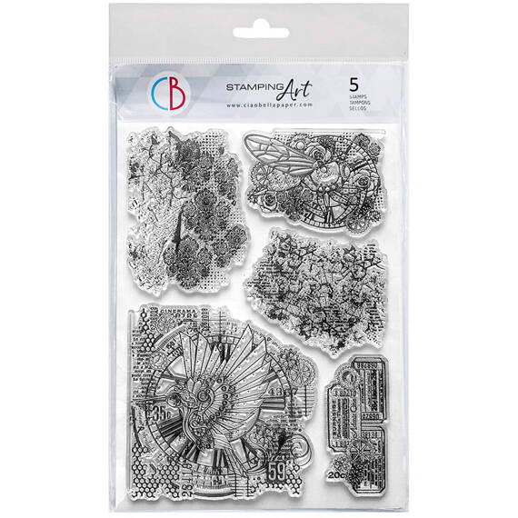 Stempel akrylowy 15x21 - Ciao Bella - Mechanical Marvels koliber ważka damask zegary