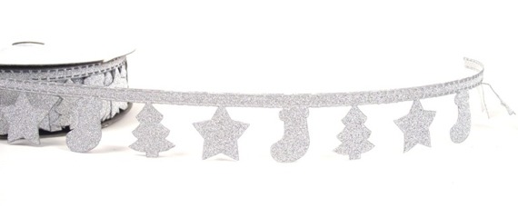 Tasiemka / wstążka gwiazdki i skarpety świąteczne srebrne 2,5cm - 1m