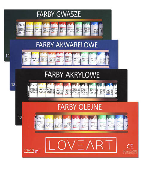 Zestaw farb Loveart 12x12ml Farby akrylowe akwarelowe olejne gwasze