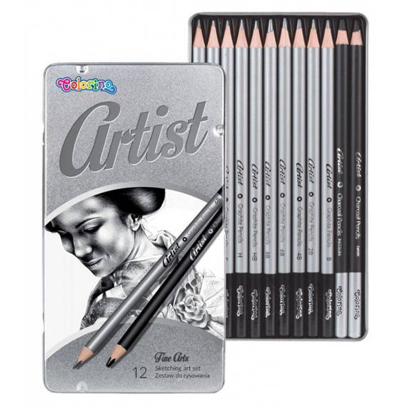Zestaw ołówków i węgli do szkicowania 12szt w metalowym pudełku Artist Colorino