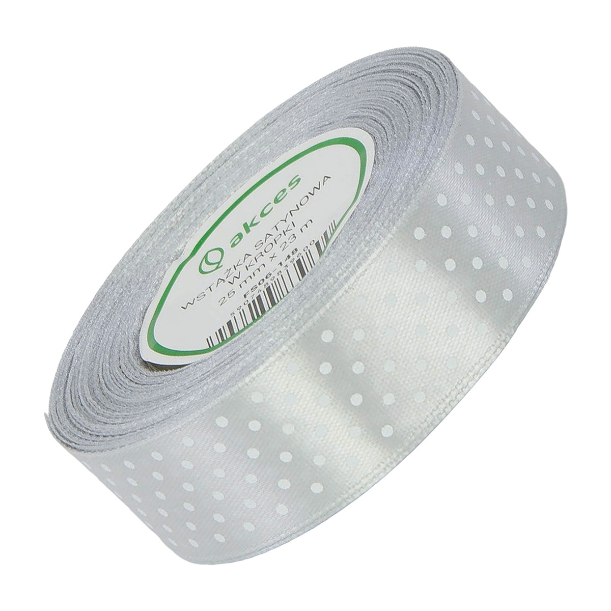  Wstążka satynowa w kropki 25 mm - srebrna 148 - 23 m - dekoracyjna tasiemka