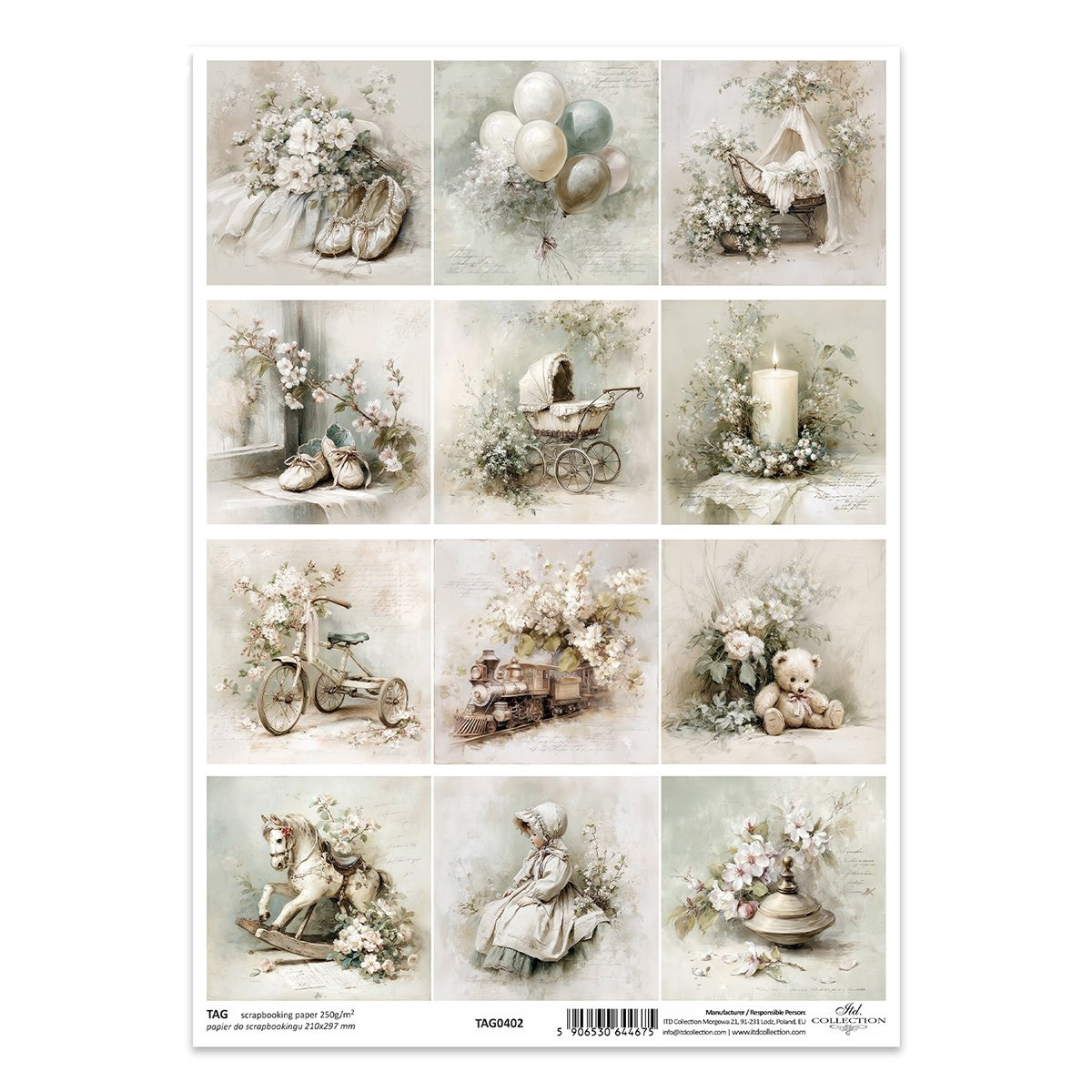 Papier do scrapbookingu A4 TAG0402 - kwiaty, zabawki, niemowlę, chrzest - Itd Collection