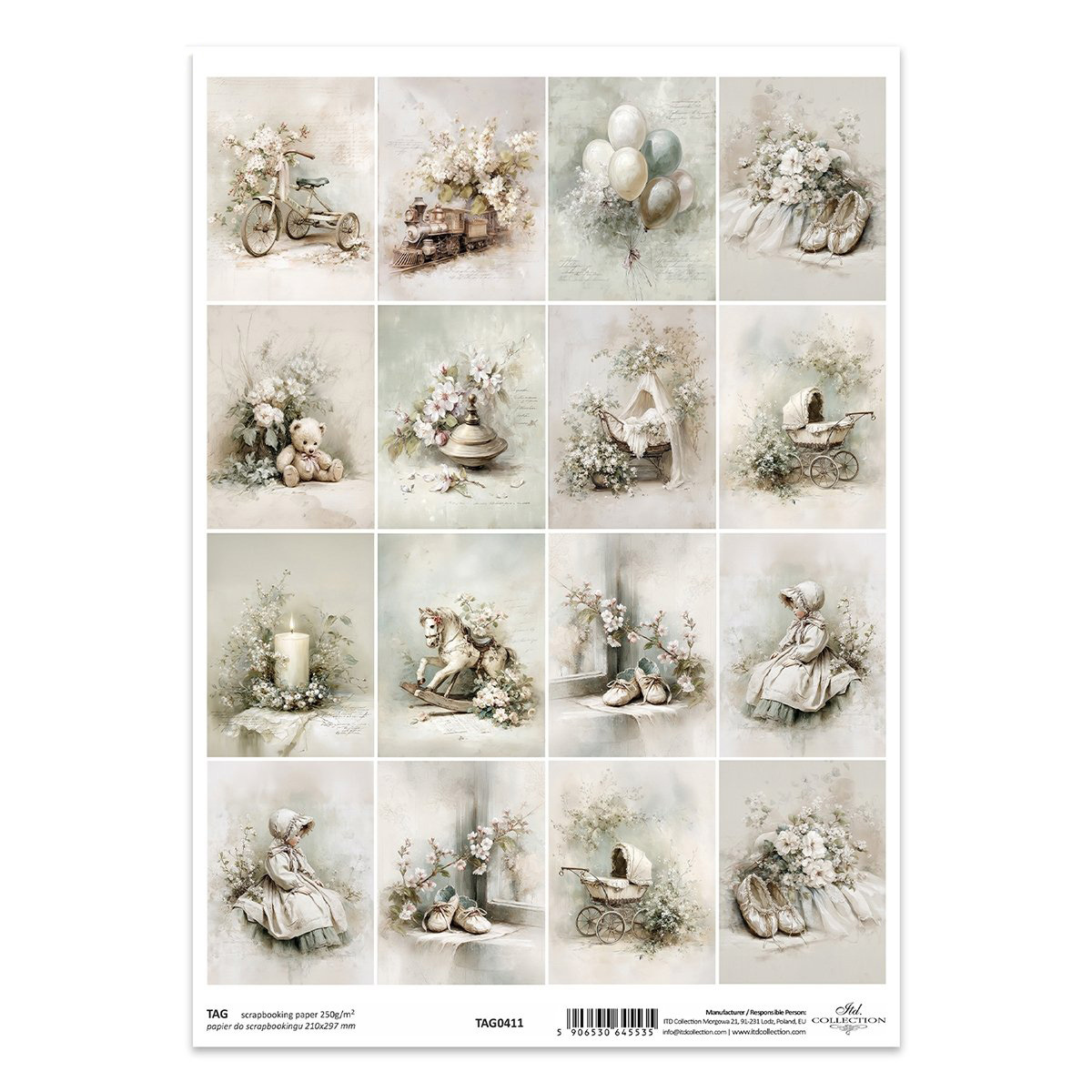 Papier do scrapbookingu A4 TAG0411 - zabawki, sepia, niemowlę, chrzest - Itd Collection