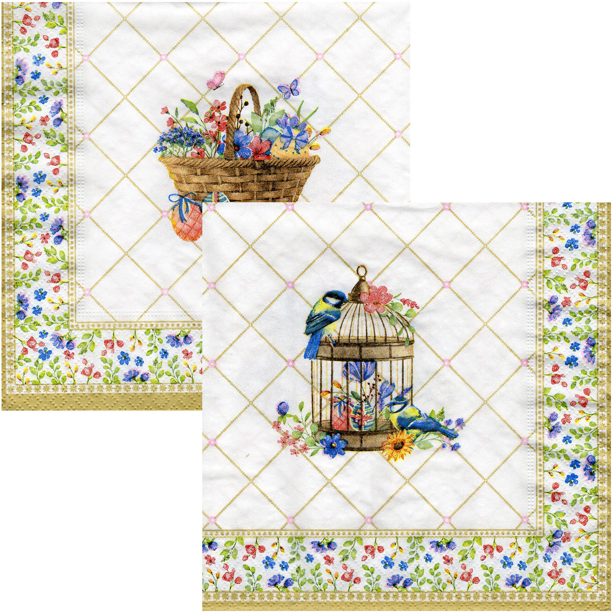 Serwetka do decoupage 33x33cm - Spring Bloom - ptaki na klatce, koszyczek wielkanocny