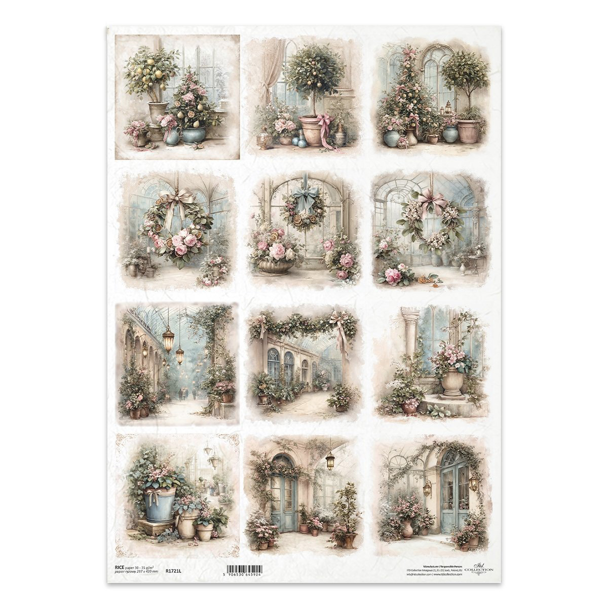 Papier ryżowy do decoupage A3 - R1721L - Itd Collection - oranżeria, wieniec świąteczny, róże, drzewka cytrusowe 