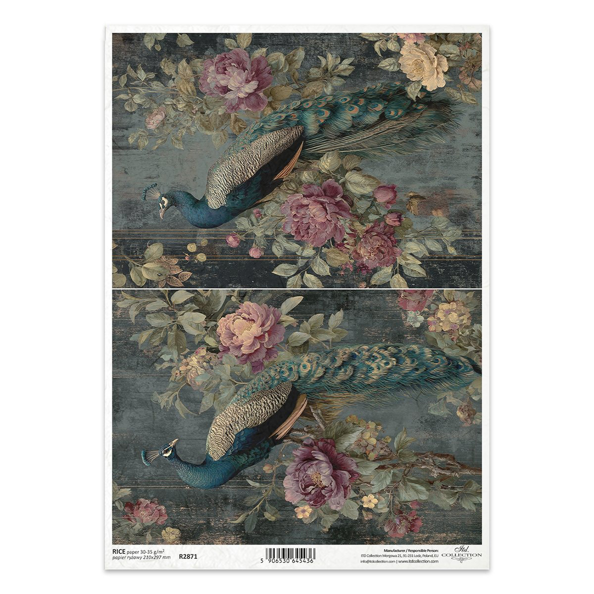 Papier ryżowy do decoupage A4 - R2871 - Itd Collection - pawie, kwiaty