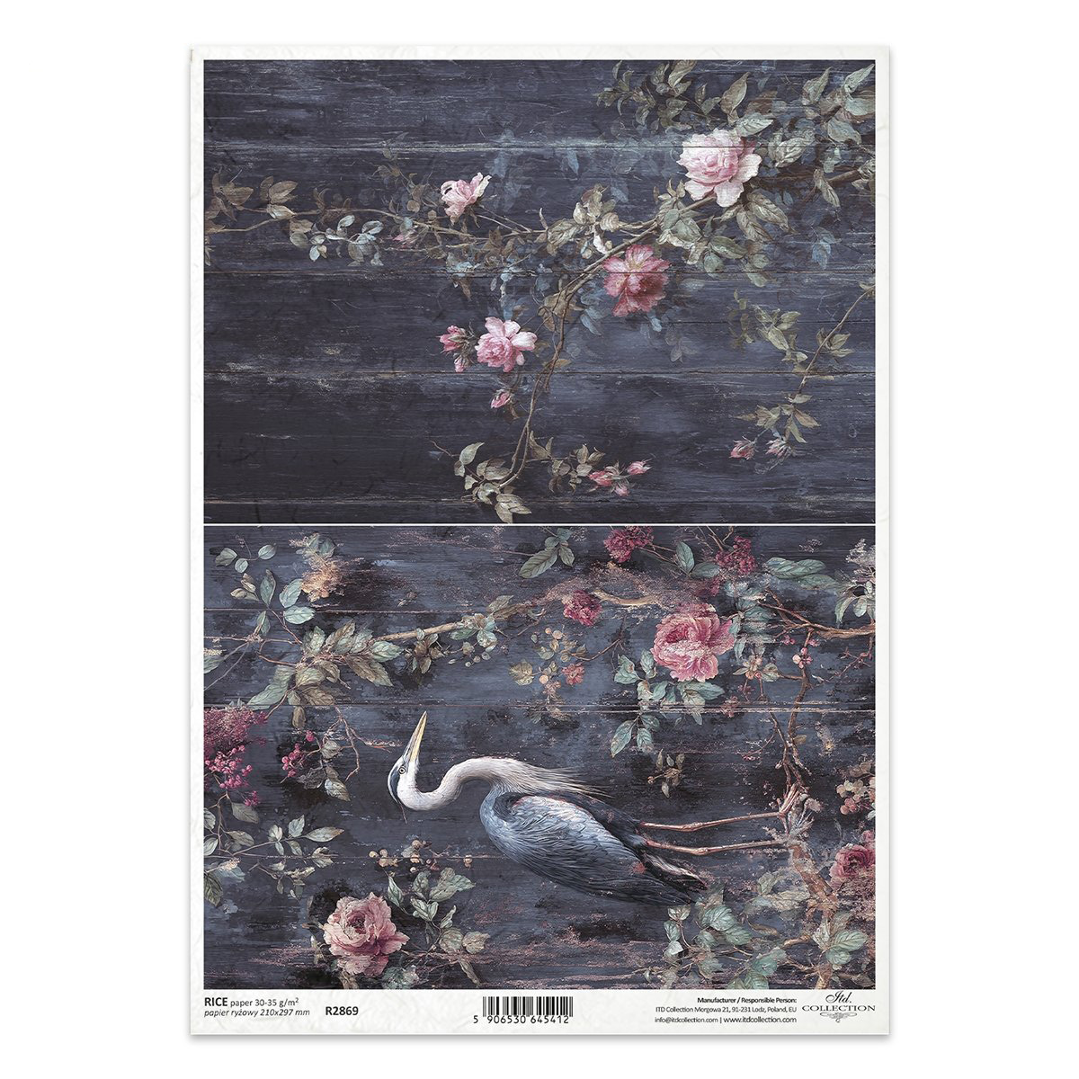 Papier ryżowy do decoupage A4 - R2869 - Itd Collection - czapla, pnąca róża